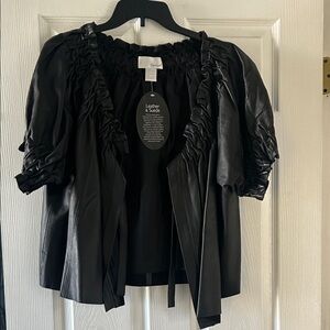 Spiegel Black Leather Jacket with Ruffle Details